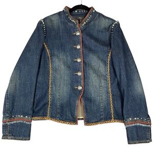 Reba Denim Studded Embroidered Silver Button Western Rodeo Jean Jacket - Sz L